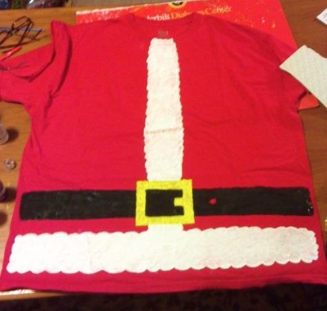 Stephanie's shirt idea...DIY Santa shirt Dress Like Santa Day At School, Diy Santa Outfit, Diy Santa Costume For Kids, Santa Costume Diy, Diy Santa Costume, Kids Santa Costume, Tamu Graduation, Diy Christmas Sweater, Santa Claus Outfit