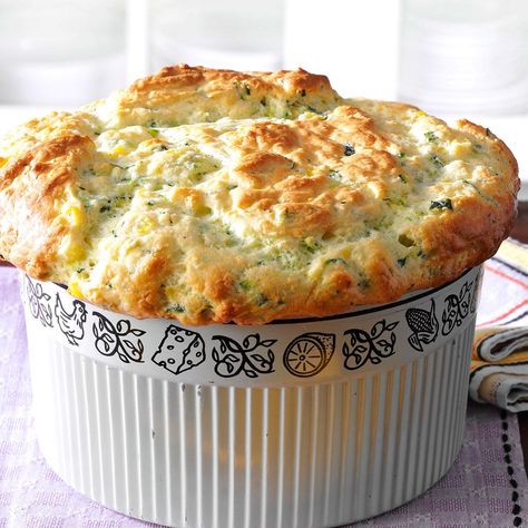 Zucchini & Sweet Corn Souffle Recipe -As novice gardeners, my husband and I sowed zucchini seeds—15 hills' worth! Happily, my family requests this side dish often, so it's a keeper. —Carol Ellerbroek, Gladstone, Illinois Corn Souffle Recipe, Corn Soufflé Recipe, Corn Souffle, Recipe Keeper, Souffle Recipe, Ramekin Dishes, Souffle Recipes, Souffle Dish, Fresh Corn