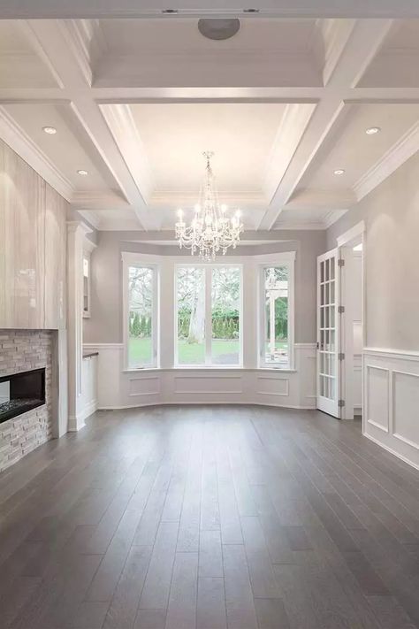 Dining Room Design With Wainscoting Wall Kitchen Open Concept, Coffered Ceiling, Style At Home, Design Living Room, House Goals, Wood Flooring, Dining Room Design, Dream Home Design, Ceiling Design