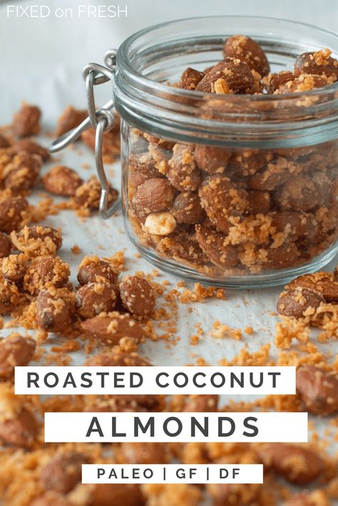 Roasted Coconut Almonds are an easy snack recipe with only 6 ingredients and it's healthy too! There are no refined sugars so it's paleo friendly and gluten and dairy free #paleo #paleosnacks Healthy Crunchy Snacks, Coconut Crunch, Coconut Almonds, Roasted Coconut, Almonds Recipe, Dairy Free Paleo, Gluten And Dairy Free, Calorie Meal Plan, Crunchy Snack