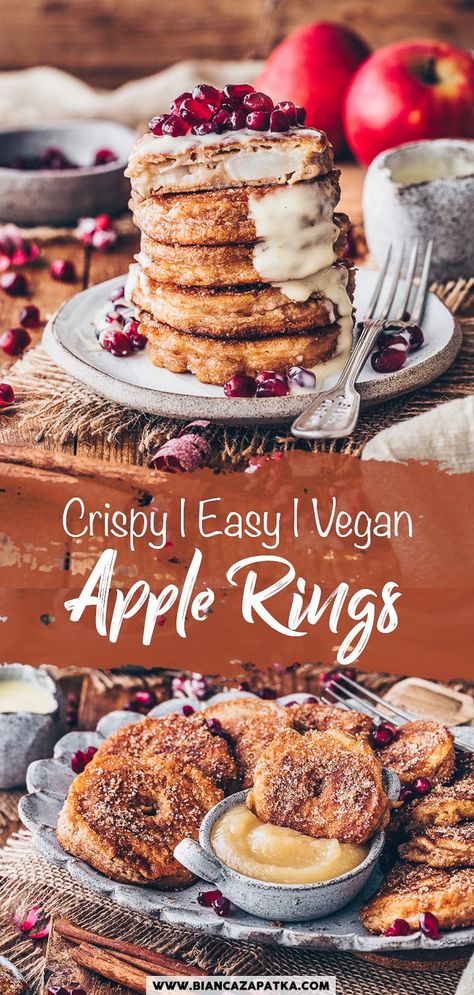 Vegan Apple Fritter Rings (Crispy Easy) Baked Apple Fritters, Vegan Gourmet, Vegan Fries, Apple Rings, Apple Fritter, Apple Recipes Easy, Cinnamon Pancakes, Recipe Baking, Apple Pancakes