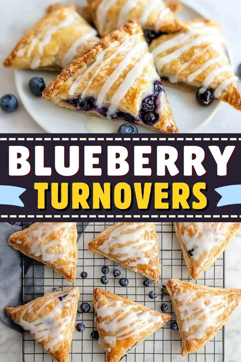 Between the buttery, flaky puff pastry and jammy, fruity filling, these easy homemade blueberry turnovers are almost too good to share! Strawberry Blueberry Puff Pastry, Blueberry Turnovers Puff Pastries, Breakfast Baked Goods Recipes, Blueberry Pastry Recipes, Lemon Blueberry Puff Pastry, Blueberry Croissant Puff, Lemon Hand Pies, Turnovers With Puff Pastry, Sweet Puff Pastry Recipes