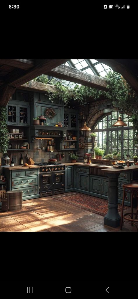 Slytherin Kitchen Aesthetic, Mystical Cottage Interior, Dark Cottagecore Decor Kitchen, Green Witchy Kitchen, Dark Cottagecore House Interior, Whimsical Kitchen Ideas, Cottage House Interior Design, Dark Green Cottagecore, Fairycore Kitchen