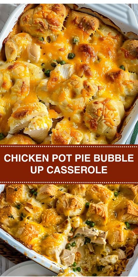 Looking for a delicious dinner idea? Try our Chicken Pot Pie Bubble Up Casserole! Packed with shredded chicken, creamy soup, veggies, and cheese, all topped with golden biscuits. It's comfort food at its finest! Perfect for family dinners or potlucks. Bubble Up Casserole, Chicken Pot Pie With Biscuits, Casserole Dinners, Best Chicken Pot Pie, Chicken Pot Pie Casserole, Crock Pot Recipes, Chicken Pie, Bubble Up, Dinner Meal