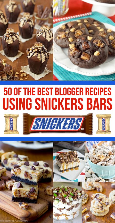 Wow, so many great ways to use up leftover Halloween candy!  Over 50 recipes using Snickers. #snickers #halloweencandy #candybars #lftorecipes Recipes With Snickers, Recipes Using Snickers Candy Bars, Snickers Recipes Desserts, Snicker Bars Recipe, Snickers Desserts, Snickers Bars Recipe, Snickers Dessert, Halloween Candy Recipes, Snickers Recipe