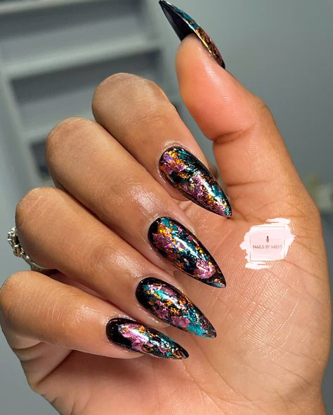 Rainbow Chrome Nails Designs, Foils Nails Designs, Rainbow Foil Nails, Halloween Foil Nails, Black Opal Nails, Black Nails With Rainbow, Black Nails With Foil, Foil Nails Acrylic, Black Foil Nails