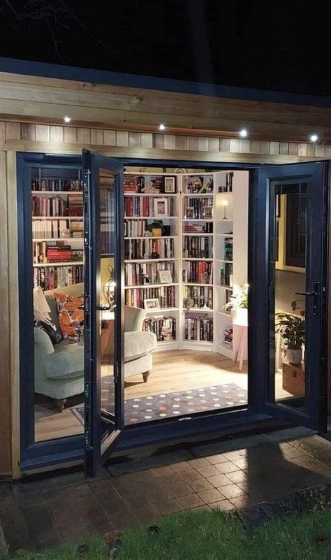 Cottage Library Small Spaces, She Shed Library Interior, She Shed Bookshelves, Tiny House Library Ideas, Library Garden Ideas, Pretty Home Library, Library Shed Ideas, House Library Ideas Cozy, Secret Home Library