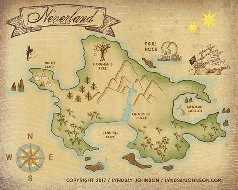 Back by popular demand, the infamous Neverland Map has had a facelift and I added some size options. It's available on my Etsy s... Peter Pan Bedroom, Neverland Map, Chateau Disney, Peter Pans, Peter Pan Neverland, Terra Do Nunca, Peter Pan Nursery, Deco Disney, Pirate Room