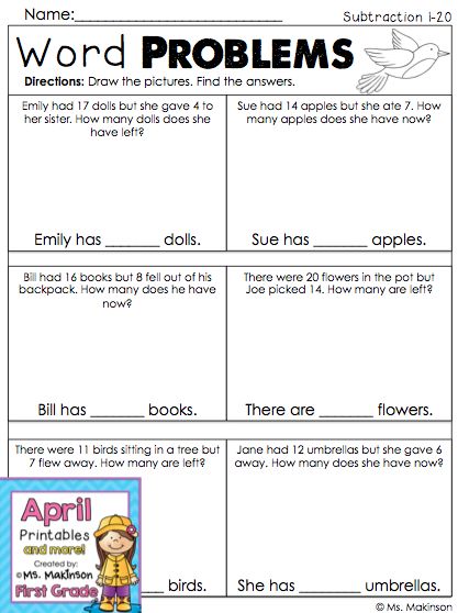 First Grade Subtraction Word Problems - Spring Math Printables Subtraction Word Problems Grade 1, First Grade Subtraction, Math Story Problems, Problem Solving Worksheet, Math Subtraction, Spring Math, Subtraction Word Problems, Word Problem, 1st Grade Math Worksheets