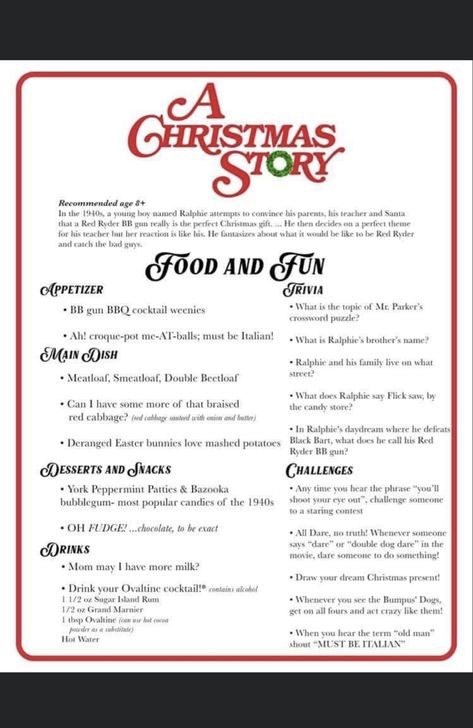 Family Movie Night Themes, Disney Movie Night Menu, Bbq Cocktails, Disney Movie Night Dinner, Christmas Story Movie, Movie Night Dinner, Movie Night Theme, Disney Dishes, Holiday Movie Night