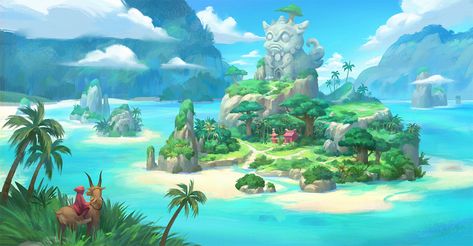 The island, Erin Lin on ArtStation at https://www.artstation.com/artwork/LWAPr Island Environment Concept Art, Fantasy Island Concept Art, Tropical Island Concept Art, Island Concept Art, Island Illustration, Island Artwork, Environment Painting, Bg Design, Island Art