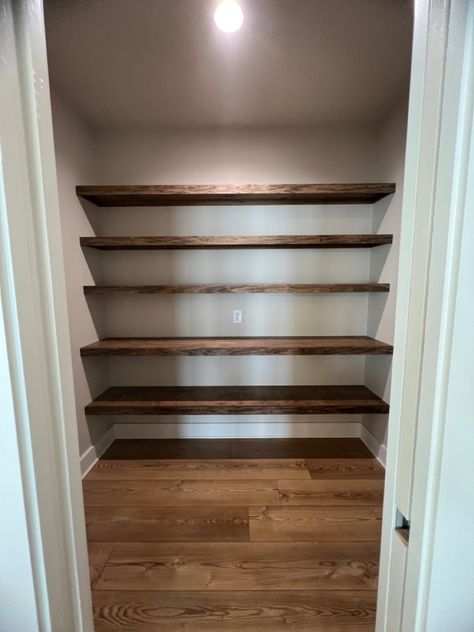 Stained Closet Shelves, Pantry With Wooden Shelves, Pantry Wood Shelves, Pantry Floating Shelves, Stained Shelves, Wooden Shelfs, Wooden Pantry, Lake House Interior, Pantry Shelves