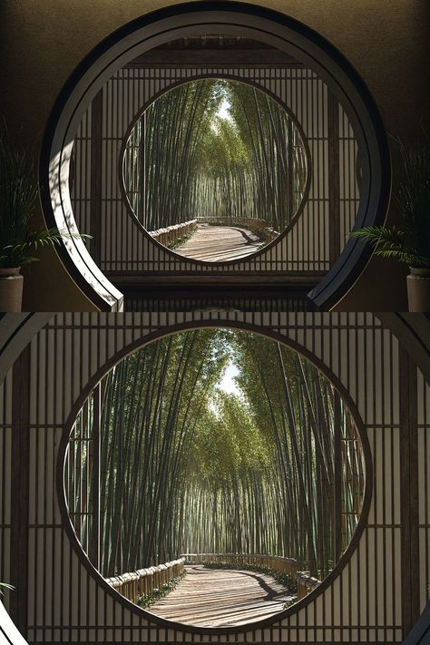 Gate Entrance Landscaping Ideas, Moon Gate Aesthetic, Japanese Gate Art, Moon Gate Fence, Japanese Moon Gate, Chinese Gate, Japanese Zen Garden Drawing, Wood Moon, Moon Gate