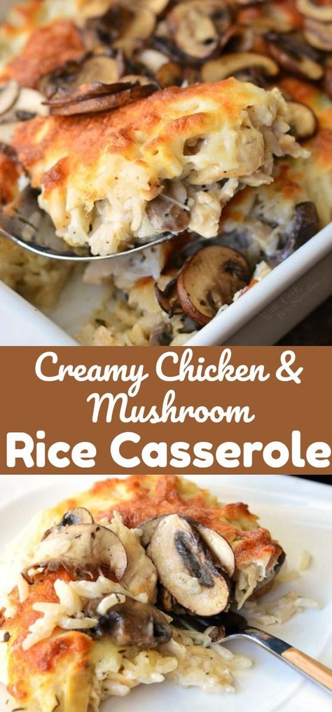 Creamy Chicken Mushroom Rice Casserole. Delicious, creamy, cheesy rice casserole recipe made with lots of mushrooms and chicken. #rice #casserole #chicken #dinner Chicken Mushroom Rice Casserole, Creamy Cheesy Rice, Chicken And Mushroom Rice, Mushroom Rice Casserole, Cheesy Rice Casserole, Chicken Mushroom Rice, Creamy Chicken Mushroom, Chicken Thights Recipes, Cheesy Rice