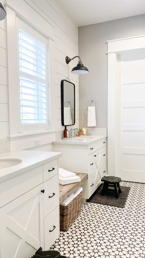 houseofmurphy on Instagram: Let’s take a closer look at my boys Jack and Jill bathroom! Candle: @antiquecandleco_ lemon eucalyptus Wall color: @benjaminmoore Smoke… Jack And Jill Bathroom Ideas Layout, Megan Murphy, Jack N Jill Bathroom Ideas, Jack And Jill Bathroom, Design A Space, Boys Bathroom, Home Styling, Bathroom Items, Jack And Jill