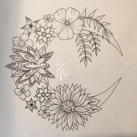 Tattoo Moon And Flowers, Flower Moon Tattoo Designs, Flower Tattoo Lotus, Images Of Moon, Flower Moon Tattoo, Moon And Flower Tattoo, Moon Flower Tattoo, Primitive Tattoo, Moon And Flowers