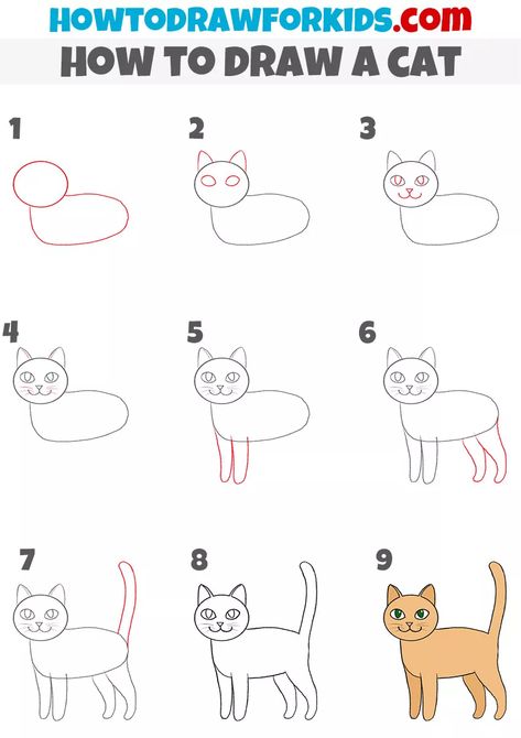 Easy Cat Drawing Ideas, Easy Way To Draw A Cat, Drawing A Cat Easy, Drawing Cats Cartoon, How To Draw Cats Easy, Draw Cats Easy, Simple Cat Drawing Cute, Drawing Cats Tutorial, How To Draw Animals For Kids