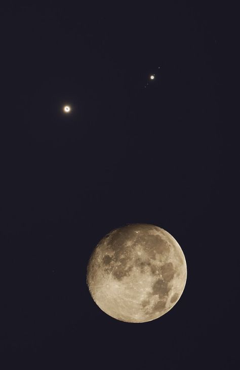 Conjunction Full Moon, Venus and Jupiter (with its larger moons also visible). Image credit:  Wang, Letian Moon And Venus Conjunction, Venus And Jupiter, Photographing The Moon, Moonlight Sonata, Moon Images, Luna Moon, Minimal Photography, Good Night Moon, Super Moon