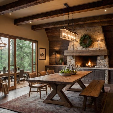 A rustic farmhouse dining room with a reclaimed wood dining table, vintage chandeliers, and exposed wooden beams, offering a warm and inviting setting. #DiningRoom #FarmhouseStyle #ReclaimedWood #VintageChandeliers #ExposedBeams Kitchen Dining Room Ideas Open Plan, Brick Floor Dining Room, Southern Dining Room Ideas, Dining Table Next To Kitchen, Dinning Room With Fireplace, Ranch Style Dining Room, Rustic Lodge Dining Room, Wooden Dining Table With Bench, Rustic Contemporary Dining Room