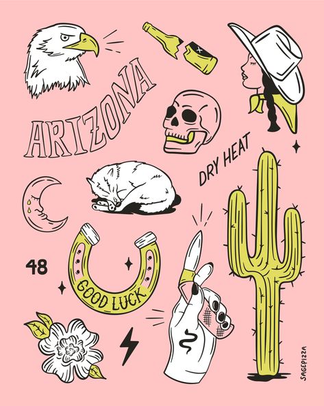 Arizona Tattoo, Western Tattoos, Flash Sheet, Cowgirl Art, Cowgirl Aesthetic, Cowboy Art, Tattoo Flash Art, School Tattoo, Flash Art