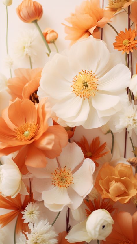 The image displays a beautiful assortment of flowers composed in a visually appealing manner. Predominant colors are shades of white and orange, creating a warm and inviting palette. In the foreground, a large white flower with delicate, translucent petals and a detailed yellow-orange center commands attention, serving as a striking focal point among the surrounding blossoms. This flower, possibly a kind of poppy or peony, is complemented by various blooms in softer whites and vibrant oranges, White And Orange Aesthetic, Orange Flower Background, Orange Flowers Aesthetic, Bloom Background, Orange White Flowers, White And Orange Flowers, Boho Event, Orange Peonies, Orange Peony