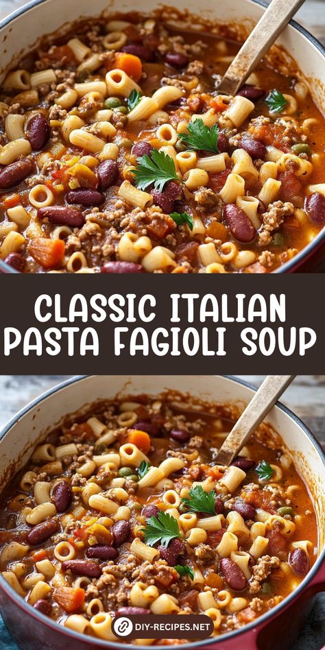 Make a classic Italian Pasta Fagioli soup at home! This recipe features beans, pasta, and fresh veggies in a rich, flavorful broth. Pasta Fagioli Giada Recipe, Figoli Soup Olive Gardens, Italian Pasta Fagioli Soup, Pasta Fragole Soup, Pasta Fagioli Recipe Traditional, Authentic Italian Soup Recipes, Italian Pasta Soup, Pasta Fazool Recipe Italian, Pasta Fazul Recipe