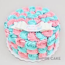 Blue Rosette Cake, Pink And Blue Gender Reveal, Baby Reveal Cakes, Blue Gender Reveal, Baby Shower Cake Designs, Rosette Cake, Gender Reveal Cake, Reveal Ideas, Baby Reveal