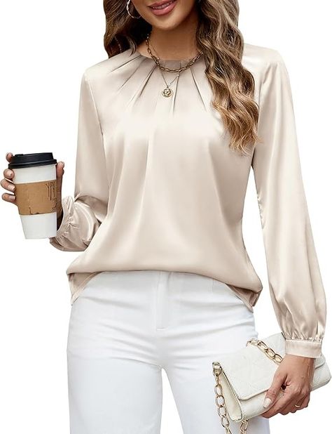 Blooming Jelly Womens Dressy Business Casual Blouse Pleated Long Sleeve Tops Satin Silk Work Shirt Fall Outfits 2024 (Apricot,S) at Amazon Women’s Clothing store Satin Tops Blouses Classy, Pleated Outfit, Dressy Business Casual, Business Casual Blouse, Silky Shirt, Fall Blouse, Tunic Tops Casual, Business Casual Outfits For Women, Work Shirt