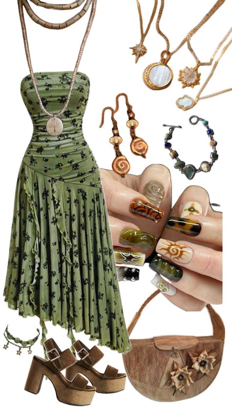 Earthy elegant look green dress gold earthy jewelry tan purse nature lover inspired green brown heels earrings necklaces bracelets anklet Earthy Style, Tan Purse, Earthy Jewelry, Earthy Outfits, Casual Outfit Inspiration, Hippie Style Clothing, Elegant Look, Dress Gold, Brown Heels