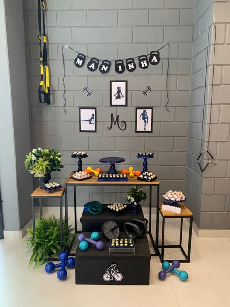 Tema de festa academia , tema muito diferente e desafiador ! #festaacademi #temaacademia Gym Theme Party, Gym Cake, 24th Birthday, 30th Birthday Parties, Restaurant Interior Design, Boyfriend Birthday, Mom Birthday, Birthday Bash, Baby Birthday