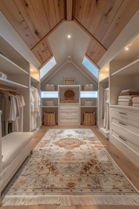 Vaulted Ceiling Dressing Room, Rustic Walking Closet, Walk In Closet With Sitting Area, Walk In Attic Closet, Vaulted Ceiling Closet, Walk In Closet Ideas Master Luxury, Closet Vaulted Ceiling, Attic Dressing Room, Walk In Closet With Window