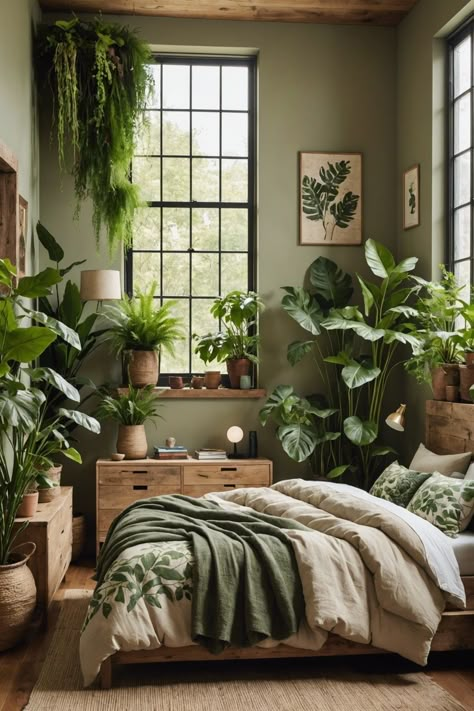 Organic Style Bedroom, Green Nature Bedroom Aesthetic, Small Bedroom With Plants, Green Bedroom Plants, Green Room Inspo Bedroom, Plant Inspired Bedroom, Green Bedroom With Plants, Plant Room Aesthetic Bedroom, Greenery Bedroom Ideas