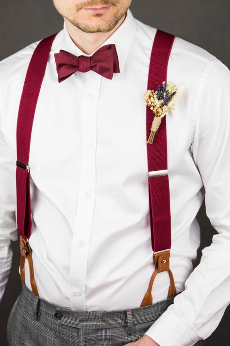 Red Bow Tie And Suspenders, Leather Suspenders Wedding, Red Tie Men, Groom Suspenders, Wedding Suspenders, Suspenders Outfit, White Suspenders, Ivory Bridesmaid Dresses, Red Suspenders