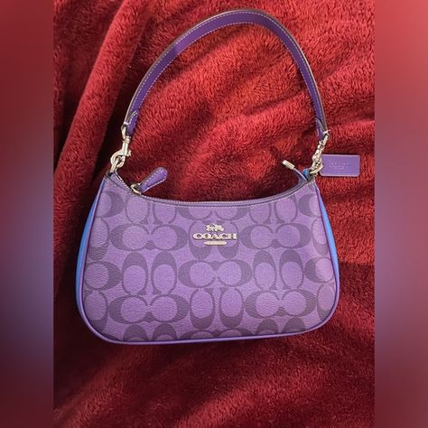 Beautiful Rare Purple, Blue Coach Teri Shoulder Bag In Blocked Signature Canvas Purple Coach Purse, Purple Coach Bag, Coach Teri Shoulder Bag, Purple Coach, Blue Coach, Purple Bag, Coach Shoulder Bag, Signature Canvas, Purple Bags