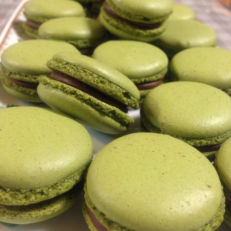 Macha (Green Tea) and Chocolate Macarons. #baking #macha #greentea #chocolate #macaron Macha Green Tea, Tea And Chocolate, Chocolate Macarons, Chocolate Macaron, Fun Baking, Fun Baking Recipes, Macaroons, Cookie Bars, Chocolate Bar