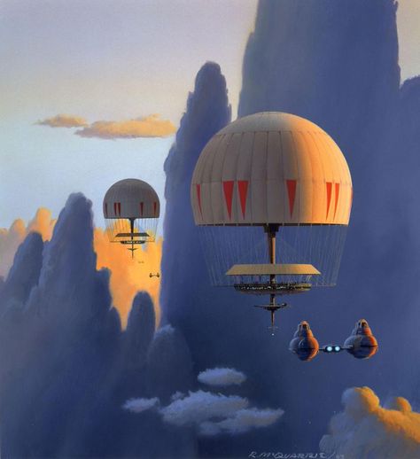 TESB: Cloud City Health Spas were shaped like hot-air balloons and floated gently in the Bespin sky, servicing visitors with several relaxing activities. One of these was breathing cloud vapor, where people would lie down on the decks, while the pilot flew through high rising wisps of chemical haze (said to have some form of theraputic value). If you look carefully, you can see a glimpse of one of these "balloon structures" in TESB as the Millennium Falcon approaches Bespin. 70s Sci Fi Art, Ralph Mcquarrie, Cloud City, Star Wars Concept Art, Relaxing Activities, Star Wars Poster, Science Fiction Art, Matte Painting, Star Wars Episodes