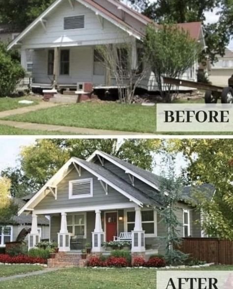 Historic Bungalow Exterior, Green Bungalow Exterior, Cottage Facade, Ranch Exterior Remodel, Green Bungalow, Historic Bungalow, Craftsman Renovation, Fixer Upper Homes, Building Hacks