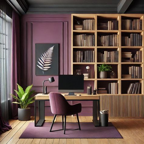 This stunning home office features a dark plum and mauve theme creating a bold yet calming atmosphere. The minimalist wooden desk complements the rich colors while maintaining a clean aesthetic. A striking floor to ceiling bookshelf serves as a focal point not only providing ample storage for books and decor but also enhancing the room's elegance. The overall design effortlessly blends functionality with a touch of sophistication perfect for productivity and creativity. Moody Purple Office, Mauve Home Office, Dark Purple Office, Mauve Office, Floor To Ceiling Bookshelf, Ceiling Bookshelf, Purple Home Office, Chiro Office, Floor To Ceiling Bookshelves