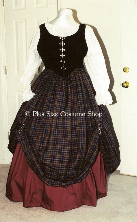 plus size renaissance gown dress scottish irish lass tartan plaid package with black bodice and burgundy and and plaid skirts and white peasant shirt Scottish Costume Women, Medieval Dress Peasant, Ireland Wedding Dress, Costumes Plus Size, Scottish Costume, Celtic Dress, Scottish Dress, Tartan Fashion, Plus Size Costume