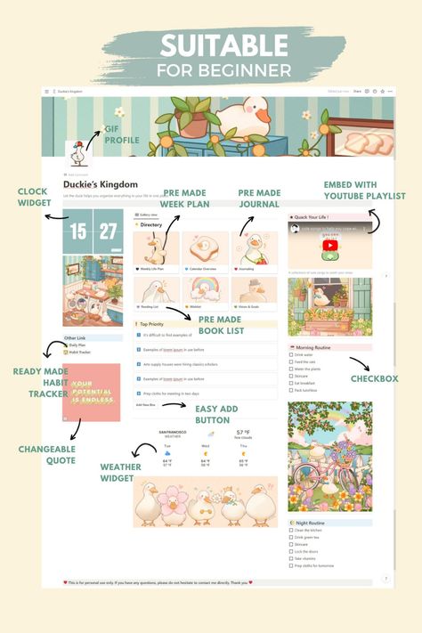 Cute Notion Template for Beginner... notionplanner #plannertipsramadandigitalplanner One Piece Notion Template, Xtiles Template Aesthetic, Notion Ideas Personal, Goals Aesthetic Journal, Notion Tips And Tricks, Notion Set Up, Cute Notion Template, College Notion, Pretty Websites