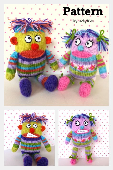 Monster Pontius Free Knitting Pattern Knitted Worry Monster Free Pattern, Cat Pillow Pattern, Comfort Dolls, Worry Monster, Knitting Bear, Knitting Dolls Free Patterns, Knitted Dolls Free, Crochet Animal Hats, Knitted Doll Patterns