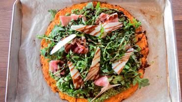 Butternut Crust Pizza Recipe | Ree Drummond | Food Network Potato Crust Pizza, Pizza Dough Recipes, Sweet Potato Crust, Butternut Squash Pizza, Food Network Recipes Pioneer Woman, Squash Pizza, Potato Crust, Arugula Pesto, Crust Pizza