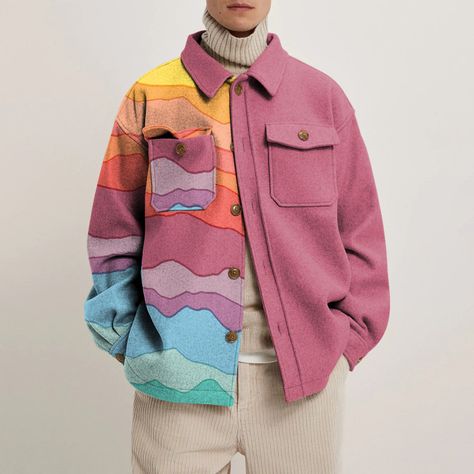 Colorful Geometric Lapel Button Jacket - Helloice Jewelry Fashion Abstract, Vintage Michigan, Slim Fit Polo Shirts, Heavy Work, Loose Coats, Mens Jackets Casual, Hipster Man, England Fashion, Mens Cardigan