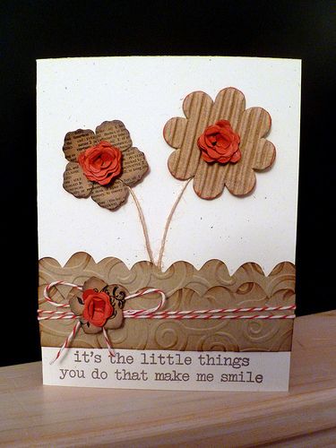 Handmade Card - It's The Little Things... #cardmaking, #scrapbooking, #papercrafts, #handmade, #crafts Brown Paper Cards Diy, Craft Paper Cards Brown, Brown Greeting Cards, Greeting Card From Waste Material, Kittie Kraft Cards, Diy Postcard, Corrugated Card, Diy Paper Crafts Decoration, Card Embellishments