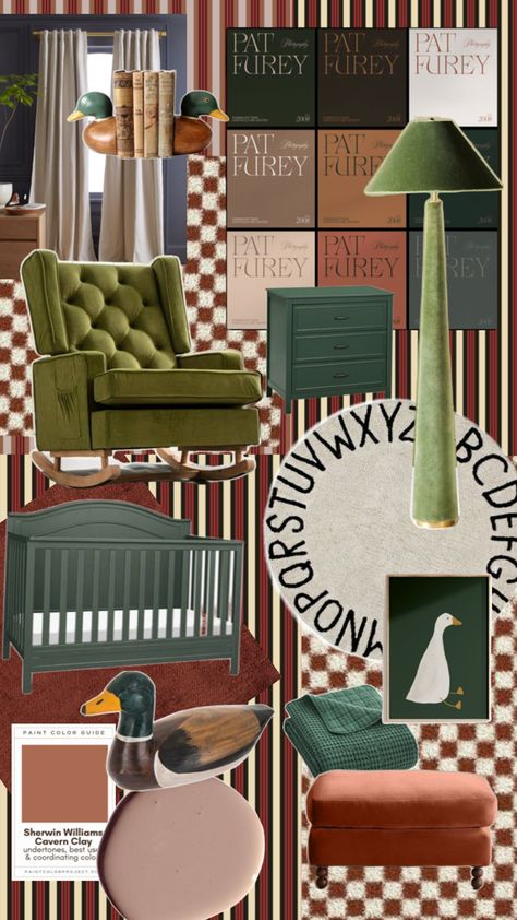 Midcentury vintage inspired modern nursery decor featuring rich velvet in shades of avocado green, rust, and burnt orange. Black and dark green accents give a moody vibe. Wooden duck decor gives a woodland feel that remains unisex. Striped wallpaper brings the room to a new level and pairs with a rust checkered rug. Dusky paint color for remaining walls. Nursery Paint Colors, Striped Nursery, Duck Decor, Wooden Duck, Modern Nursery Decor, Nursery Paintings, Sherwin Williams Paint Colors, Checkered Rug, Vintage Nursery