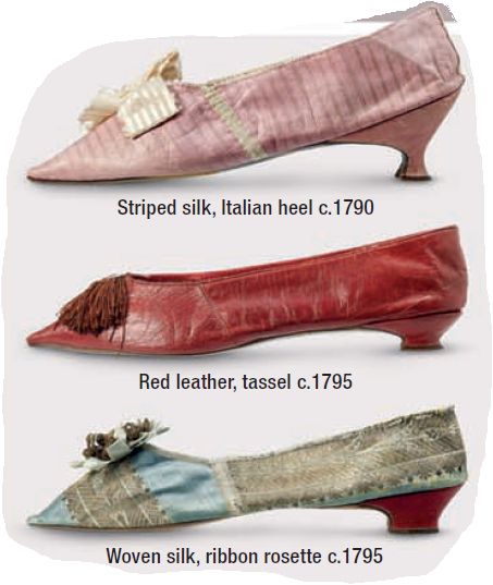 By the 1790s women wore slip-on “sandal shoes” with pointed toes. Heels were getting lower and disappeared by 1800. Italian heels were also all the rage. Pattens were still worn to protect shoes outdoors, especially over painted leather or brocaded silk shoes. Lighter pump-style slippers of kid leather, striped silk, and silk satin were worn indoors. 1700s Shoes, 1790s Fashion, 18th Century Shoes, Regency Costume, Silk Shoes, Fairytale Shoes, Empire Fashion, Italian Heels, Century Shoes