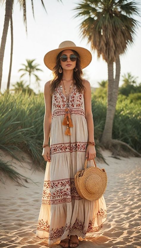 Boho Beach Style Summer Outfits, Bohemian Casual Outfits, Beach Sandals Outfit, Crystal Outfits, Beach Boho Outfit, Boho Ootd, Woven Beach Bag, Summer Outfit Accessories, Boho Hippie Fashion