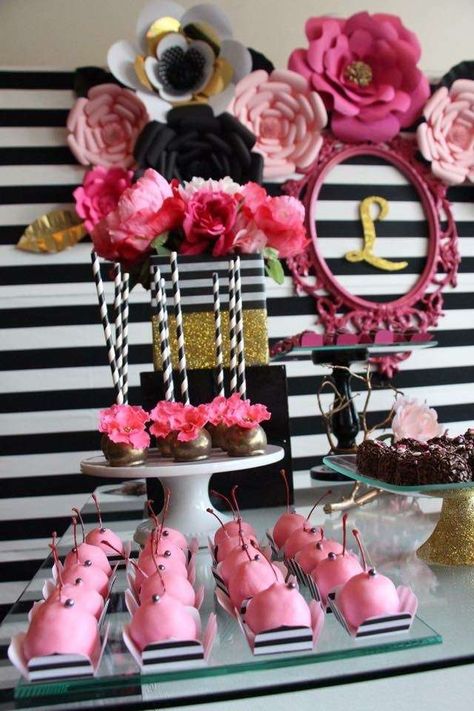 Pink sweets at a black, white, pink and gold  birthday party! See more party ideas at CatchMyParty.com! Golden Birthday Party Ideas, Kate Spade Inspired Party, Golden Birthday Party, Kate Spade Baby Shower, Pink And Gold Birthday Party, Kate Spade Bridal Shower, Pink Sweets, Glitter Rosa, Pink Kate Spade