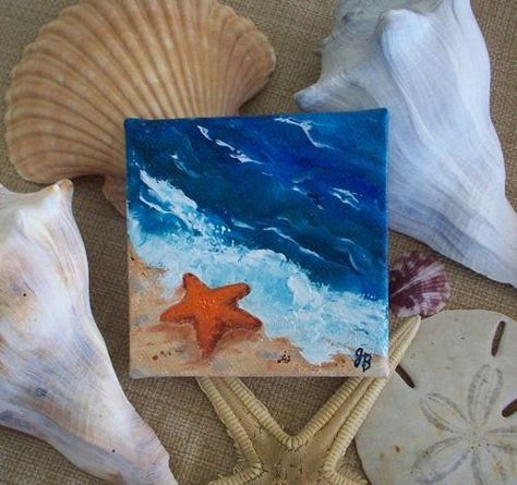 From a series of 3" x3" mini-paintings of shells at the beach, this shows a starfish at the water's edge. The tiny canvas is on wood stretc... Mini Toile, خريطة ذهنية, Mini Oil Painting, Small Canvas Paintings, Simple Canvas Paintings, Cute Canvas Paintings, Small Canvas Art, Diy Canvas Art Painting, Mini Canvas Art