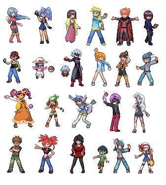 Some Pokemon Trainer sprites! Pokemon Character Sprites, Pokemon Trainer Sprites Pixel Art, Pokemon Sprites Trainer, Pokemon Trainer Pixel Art, Pokemon Trainer Sprites, Pixel Character Sprite, Iphone Wallpaper Pokemon, Pokémon Sprites, Pixel Sprites